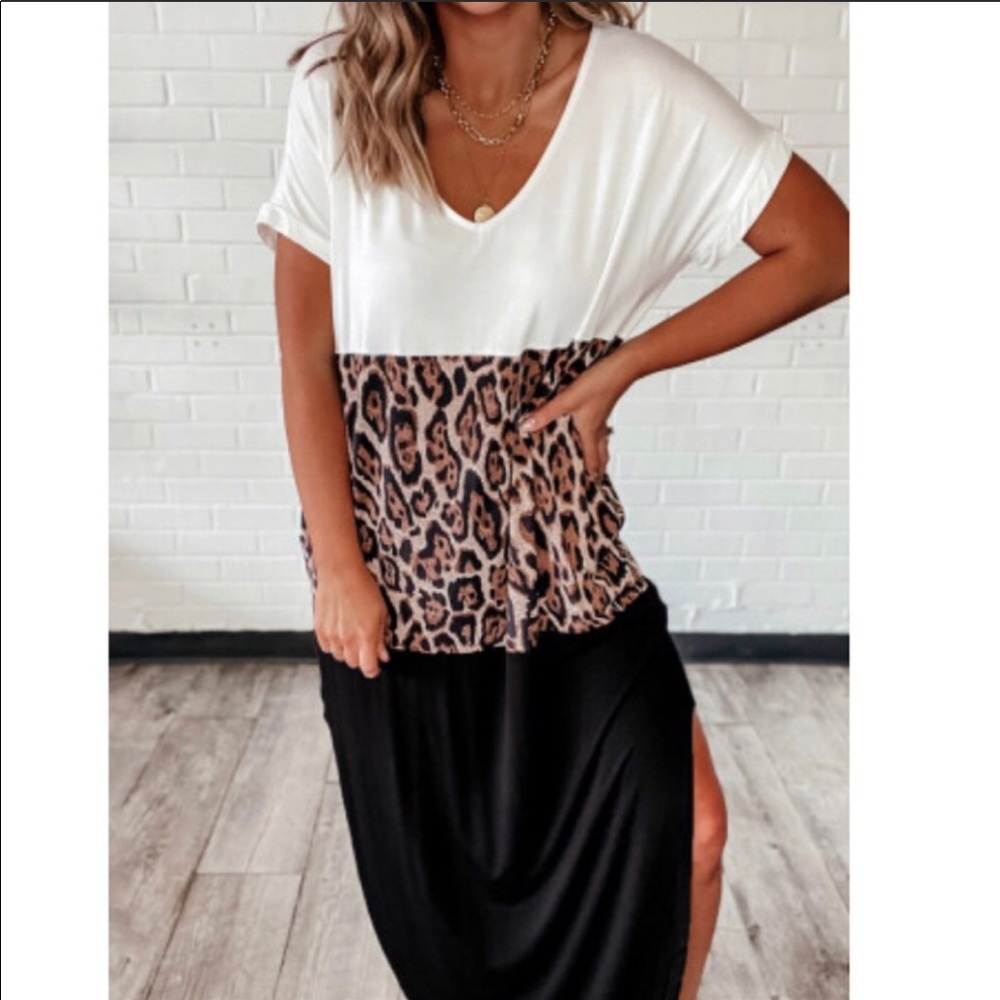 Leopard Colorblock Maxi Dress - White Leopard Black